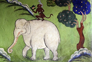 India, Ladakh, Likir, wall painting with elephant, rabbit and monkey India, Ladakh, Likir, wall painting with elephant, rabbit and monkey