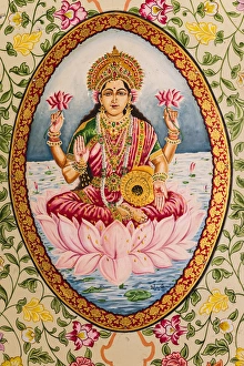 India, Rajasthan, Bikaner, Karni Mata Temple, Painting of goddess Lakshmi India, Rajasthan, Bikaner, Karni Mata Temple, Painting of goddess Lakshmi