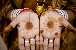 Jim Nilsen Gallery: India, Rajasthan. Womans hands with henna coloring