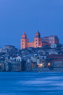 Italy, Sicily, Cefalu, View with Duomo from Beach Italy, Sicily, Cefalu, View with Duomo from Beach