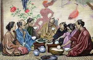 Japanese family eating. Nineteenth-century colored engraving