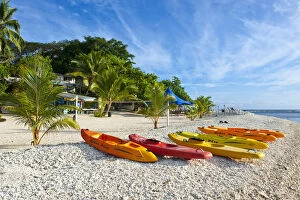 Kajaks at the white sand beach of Hideaway island near Port Vila, Island of Efate