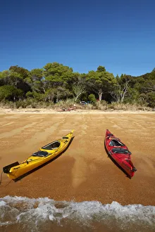 Kayaking Gallery: Kayaks and campsite, Te Pukatea Bay, Abel Tasman National Park, Nelson Region, South Island