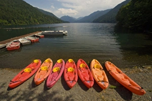 Kayaks for Rent at Fairholm, Lake Crescent, Olympic National Park, Washington, US Kayaks for Rent at Fairholm, Lake Crescent, Olympic National Park, Washington, US
