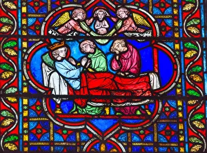 King Death Bed Angels Medieval Stories stained glass, Notre Dame Cathedral, Paris, France King Death Bed Angels Medieval Stories stained glass, Notre Dame Cathedral, Paris, France