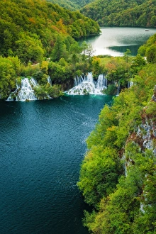 Lake Kozjak and travertine cascades on the Korana River, Plitvice Lakes National Park Lake Kozjak and travertine cascades on the Korana River, Plitvice Lakes National Park