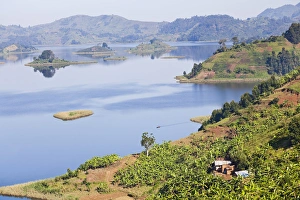 Lake Mutanda near Kisoro in Uganda. On the shoreline the land is cultivated, very Lake Mutanda near Kisoro in Uganda. On the shoreline the land is cultivated, very