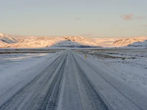 Vatnajokull Gallery: Landscape with country road near Hoffell during winter in Hornafjoerdur area