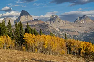 Landscape of Mt. Owen, Grand Teton and Middle Teton from the west, golden fall foliage Landscape of Mt. Owen, Grand Teton and Middle Teton from the west, golden fall foliage