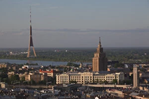 Latvia, Riga, elevated view of Old Riga, Academy of Sciences building, and TV Tower