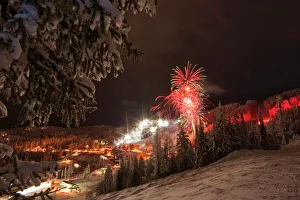 Firework Gallery: Looking down into the Big Mountain village area at night during the New Years Eve