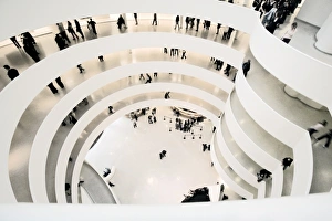 Looking down at the entrance and lower circular levels of the Guggenheim Museum in Looking down at the entrance and lower circular levels of the Guggenheim Museum in