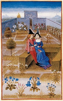 Two lovers in the garden. Miniature. Chantilly castle. France Two lovers in the garden. Miniature. Chantilly castle. France