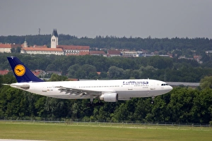 Lufthansa airplane landing at Munich airport, Germany. germany, german, europe Lufthansa airplane landing at Munich airport, Germany. germany, german, europe