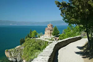 MACEDONIA, Ohrid. Sveti Jovan at Kaneo Church (13th century) and Lake Ohrid / Morning