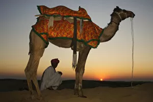 Images Dated 4th February 2007: Man sitting with his camel at sunset on the sand dunes in Jalsamer, India, ragasthan