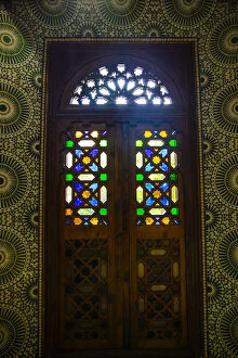 Marrakech, Morocco, Moroccan stained glass wooden door