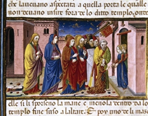 Mary is hosted by the virgins of the temple. Codex of Predis (1476). Royal Library Mary is hosted by the virgins of the temple. Codex of Predis (1476). Royal Library