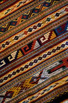 Images Dated 20th April 2005: Mexico, Oaxaca, Detail of hand-woven rug using Zapotec Indian design displayed at