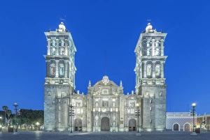 Mexico, Puebla, Puebla Cathedral completed in the 17th century at twilight Mexico, Puebla, Puebla Cathedral completed in the 17th century at twilight