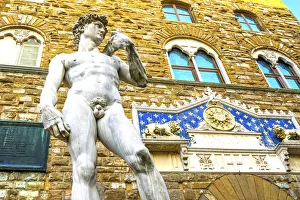 Michelangelo's David replica statue, Piazza della Signoria, Palazzo Vecchio, Florence Michelangelo's David replica statue, Piazza della Signoria, Palazzo Vecchio, Florence