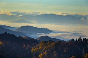 Mist in the valleys at sunrise at Clingmans Dome, Great Smoky Mountains National Park Mist in the valleys at sunrise at Clingmans Dome, Great Smoky Mountains National Park