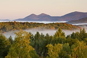 Morning fog and the Percy Peaks as seen from the fire tower at Milan Hill State Park in Morning fog and the Percy Peaks as seen from the fire tower at Milan Hill State Park in