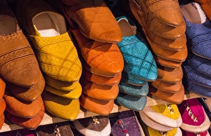 Morocco Fez colorful arab shoes for sale in store on rack Morocco Fez colorful arab shoes for sale in store on rack