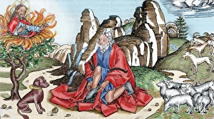 Moses and the burning bush. 16th century engraving. Colored Moses and the burning bush. 16th century engraving. Colored