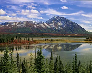 Mountain landscape and reflection, fall foliage, Denali Highway near Anchorage Mountain landscape and reflection, fall foliage, Denali Highway near Anchorage