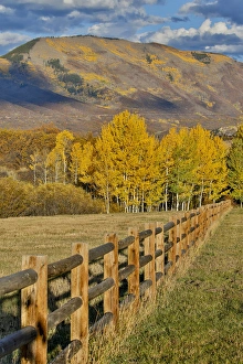 Mountains around Township of Aspen fall along Owl Creek Road with wooden fence autumn Mountains around Township of Aspen fall along Owl Creek Road with wooden fence autumn