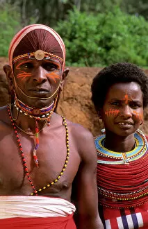 Native Collection: Msai tribe people couple in costume traditional dress in jungles near hut near Kenya Africa