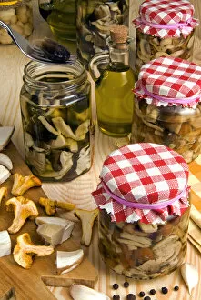 Mushrooms in jar preserved in olive oil