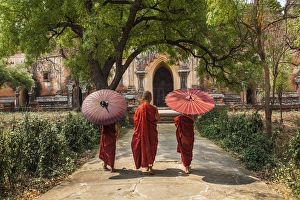 Myanmar, Bagan. Novice monks in front of temple Myanmar, Bagan. Novice monks in front of temple