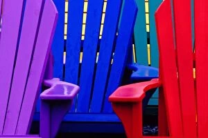 N.A. Canada, Nova Scotia, Bridgewater. Colorful adirondack chairs