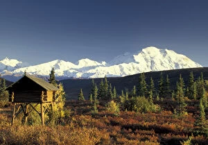 Log Cabin Gallery: NA, USA, Alaska. Denali National Park. Denali and traditional Alaskan log cache