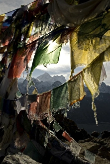 Nepal, Gokyo Ri. Prayer flags on the summit of Gokyo Ri in the Everest region of Nepal, Gokyo Ri. Prayer flags on the summit of Gokyo Ri in the Everest region of
