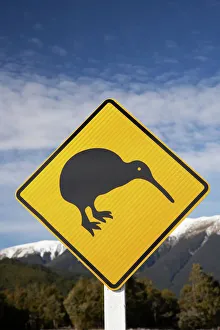 New Zealand, South Island, Nelson Region, Kiwi Warning Sign, and St Arnaud Range New Zealand, South Island, Nelson Region, Kiwi Warning Sign, and St Arnaud Range