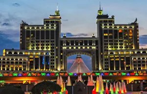 Night view of the headquarters of KazMunayGas and Khan Shatyr Entertainment Center Night view of the headquarters of KazMunayGas and Khan Shatyr Entertainment Center