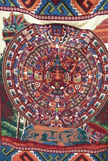 Cultural Gallery: North America, Mexico, Teotihuacan, souvenir blanket with colorful Aztec calendar design