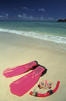 North America, USA, Hawaii. Snorkel gear on beach North America, USA, Hawaii. Snorkel gear on beach