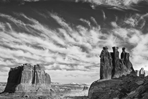 North America, USA, Utah, Arches National Park. Black and white image of clouds, mesa North America, USA, Utah, Arches National Park. Black and white image of clouds, mesa
