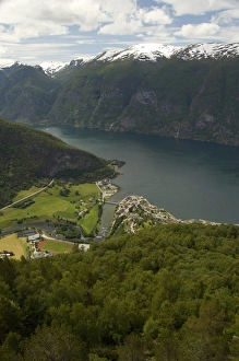 Norway, Aurland near Flam. Stegastein Overlook, view of Aurland Fjord an arm of Sogne Norway, Aurland near Flam. Stegastein Overlook, view of Aurland Fjord an arm of Sogne