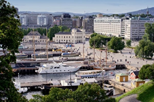 Norway, Oslo, Looking from the Akershus Fortress, Aker Brygge and City Pier area Norway, Oslo, Looking from the Akershus Fortress, Aker Brygge and City Pier area