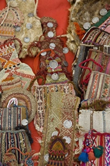Old woven purses displayed in market, Chinchero (near Cuzco), Peru Old woven purses displayed in market, Chinchero (near Cuzco), Peru