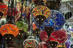 Oman, capital city of Muscat, Muttrah Souk. Typical colorful glass lamps on display at Oman, capital city of Muscat, Muttrah Souk. Typical colorful glass lamps on display at