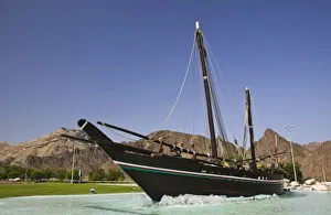 Oman, Muscat, Al Bustan. Al Bustan Roundabout, Replica of the Sohar originally sailed Oman, Muscat, Al Bustan. Al Bustan Roundabout, Replica of the Sohar originally sailed
