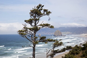 OR, Oregon Coast, view of Haystack Rock and Cannon Beach, from highway 101 OR, Oregon Coast, view of Haystack Rock and Cannon Beach, from highway 101