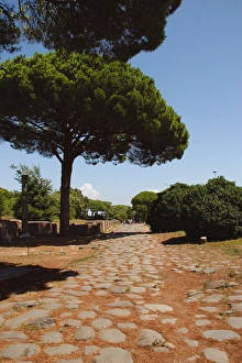 Ostia Antica. The Decumanus Maximus . Detail of the paving on a roman road Ostia Antica. The Decumanus Maximus . Detail of the paving on a roman road