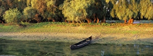 Panorama of Channel in the Danube Delta with fishing boat, romania. Big willows Panorama of Channel in the Danube Delta with fishing boat, romania. Big willows